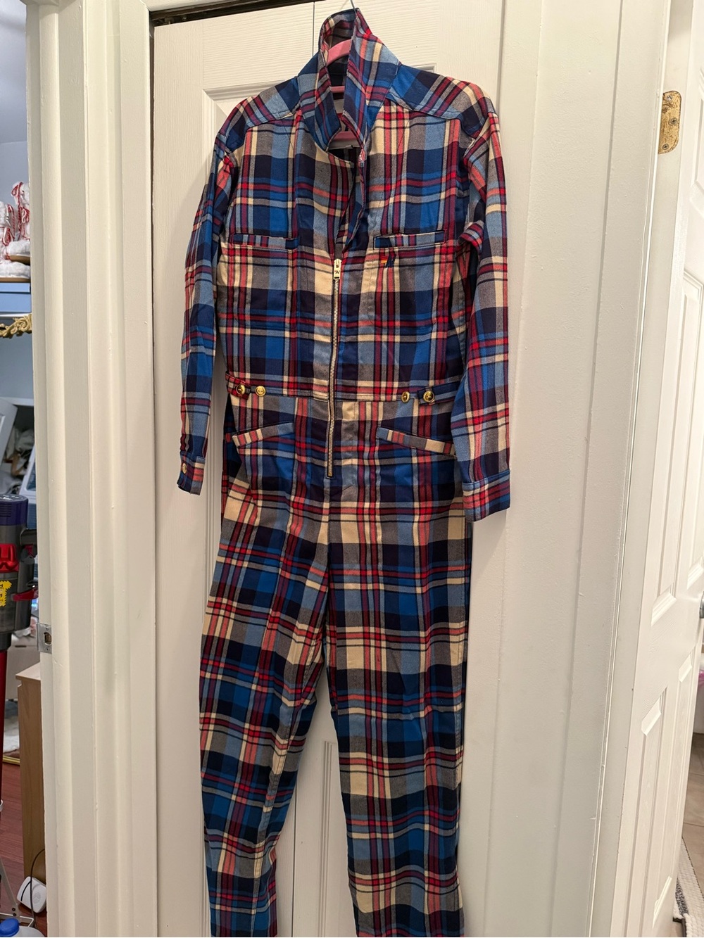 Aviator Nation Blue, Red & Cream Plaid Zip-Front Jumpsuit